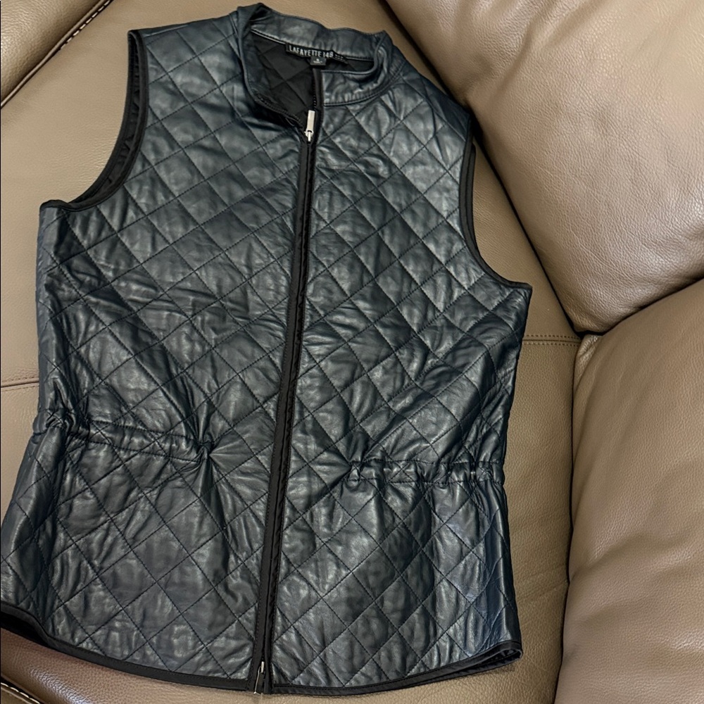 Lafayette 148 New York Quilted Leather Vest - Dark Navy